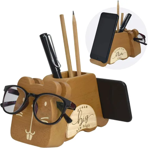 Vista 12 de I'm - Soporte multiusos de madera para lentes, teléfono, pluma y lápiz, accesorios de escritorio, decoración de escritorio, hogar, oficina Oso