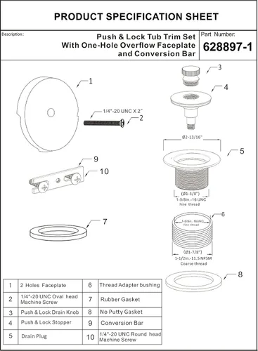 Vista 7 de Artiwell Push & Lock - Juego de molduras para bañera con placa frontal de desbordamiento de un solo orificio, kit de conversión de bañera con barra