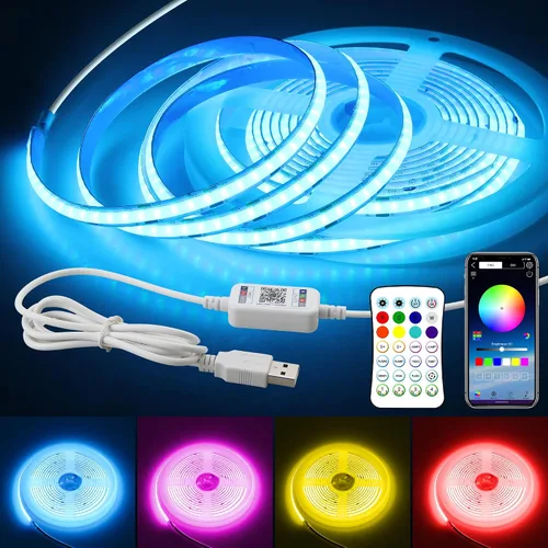 Vista 9 de 5V USB COB RGB LED Light Strip With Remote 576LED/M 4.92FT Rope Lights 1.5M