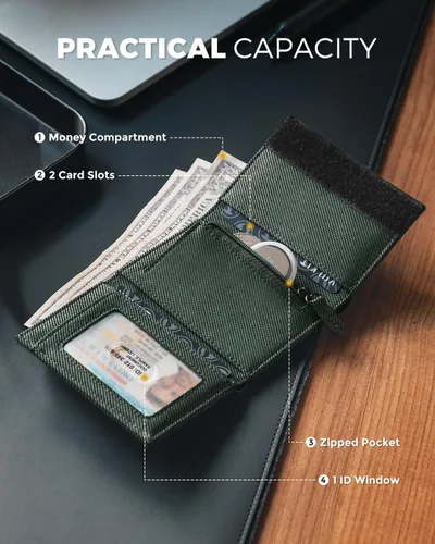 Vista 3 de VULKIT Cartera de cuero minimalista con bloqueo Rfid triple billetera delgada para tarjetas de crédito con 3 ventanas de identificación y bolsillo