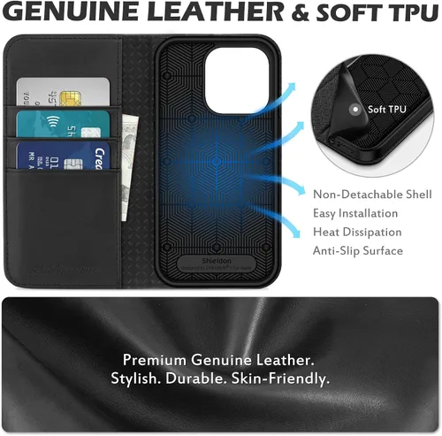 Vista 8 de SHIELDON - Funda tipo cartera de piel auténtica para iPhone 14 Pro de 6.1 pulgadas 2022, color negro Magnetic Closure, RFID Blocking, Credit Card