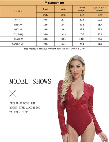 Vista 7 de Body de manga larga sexi para mujer con entrepierna a presión y parte superior de encaje, tamaños S-XXXL