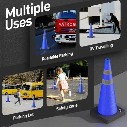 Vista 2 de BATTIFE [1 Paquete] Conos azules plegables de seguridad de tráfico de 28 pulgadas con base negra pesada, conos emergentes multiusos con collar