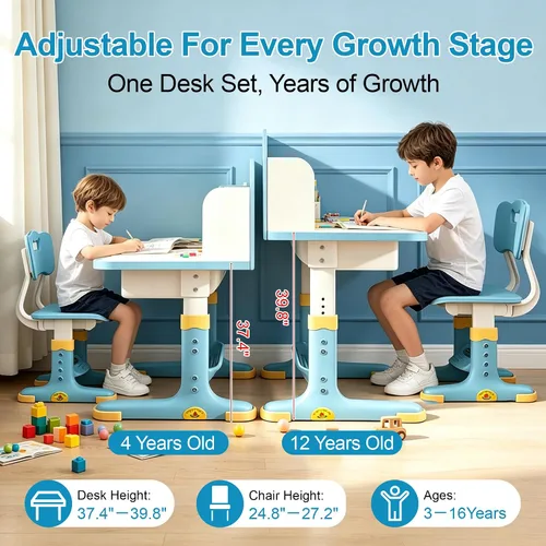Vista 3 de HEVIRGO Kids Desk and Chair Set – Height Adjustable Blue Study Table