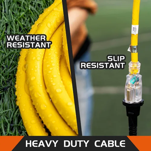 Vista 6 de Cable de extensión con extremo iluminado, certificación UL, calibre 10, 1 pie, amarillo, 3 clavijas, resistente, cable de alimentación SJTW 15A 10/3
