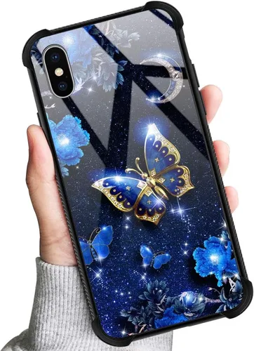Vista 6 de Funda compatible con iPhone XS, funda para niñas y mujeres, cielo azul, flor, luna y mariposa