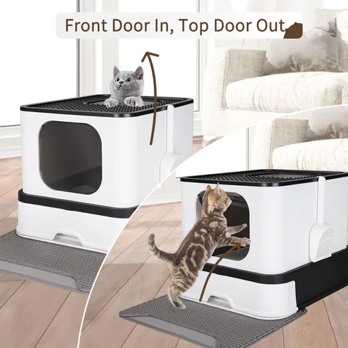 Vista 5 de RIZZARI Caja de acero inoxidable para gatos: bandeja de arena cerrada de gran capacidad negra con paredes altas, revestimiento de teflón