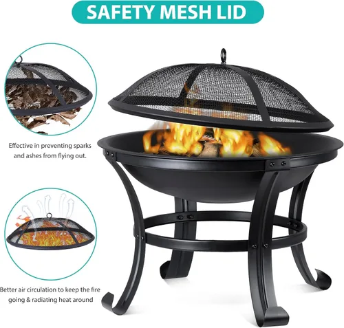 Vista 6 de Pozo de fuego portátil de 22 pulgadas para exteriores, de acero ligero para quemar leña, parrilla BBQ, tazón de fogata con rejilla para troncos