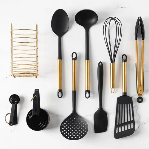 Vista 2 de Juego de utensilios de cocina negros y dorados con soporte de acero inoxidable, utensilios de cocina de nailon de 18 piezas con tazas medidoras