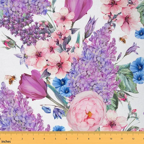 Vista 145 de Tela de Flores Primaverales por Yarda para Sofás, Tela Decorativa de Florales de Pueblo Pájaros Mariposas, Tela de Patrón de Jardín Acuarela