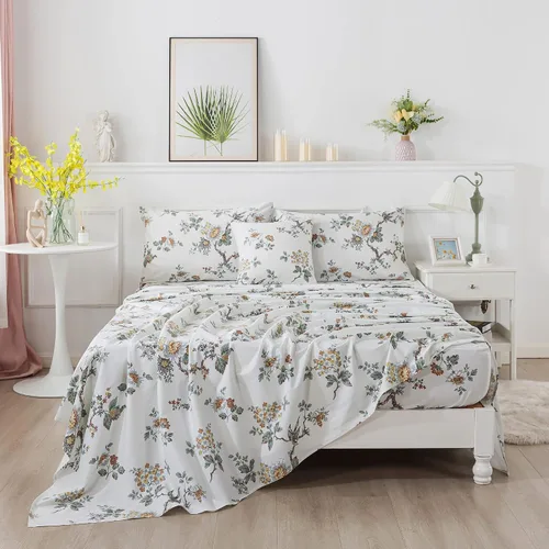 Vista 3 de FADFAY Elegante juego de sábanas con estampado de pájaros beige desgastado, 100% algodón, ultra suave, para niñas, con bolsillo profundo, 4 piezas
