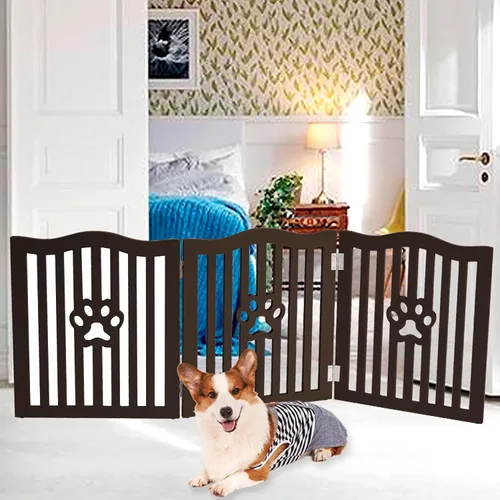 Vista 6 de Puerta para mascotas, valla de madera independiente para perros pequeños y gatos. Gran valla plegable para puertas, pasillos, escaleras. Espresso