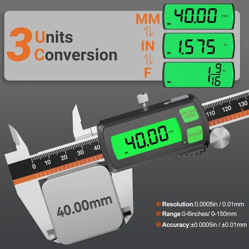 Vista 4 de Calibre digital, calibre Vernier recargable de acero inoxidable tipo C, conversión de F/MM/in, LCD grande, pinza de medición digital de carga USB