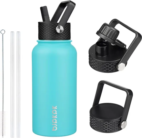 Vista 103 de BJPKPK Botellas de Agua Aisladas con Tapa de Pajita, Botella de Agua de Acero Inoxidable de 18oz, Termo Frío Caliente con 3 Tapas, Vaso de Viaje a