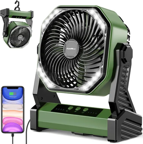 Vista 10 de Ventilador de camping de 20000 mAh, recargable, funciona con batería con gancho giratorio de 360°, luz de 400 lúmenes, pivote de 270°, 4
