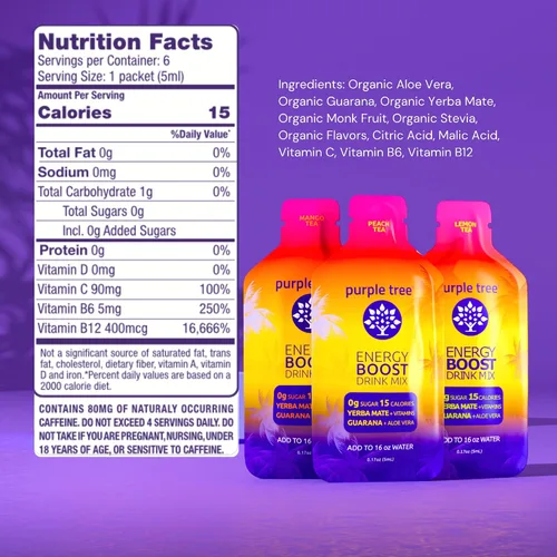 Vista 5 de purple tree Paquetes de energía orgánica – Cero azúcar, 80 mg de cafeína natural de yerba mate y guaraná, con vitaminas B12 para una energía suave