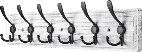 Vista 8 de Perchero de Pared de Montaje en Pared, Perchero de Pared de Madera Resistente para Pared, 6 Ganchos Triples para Colgar Abrigos, Chaqueta, Sombrero