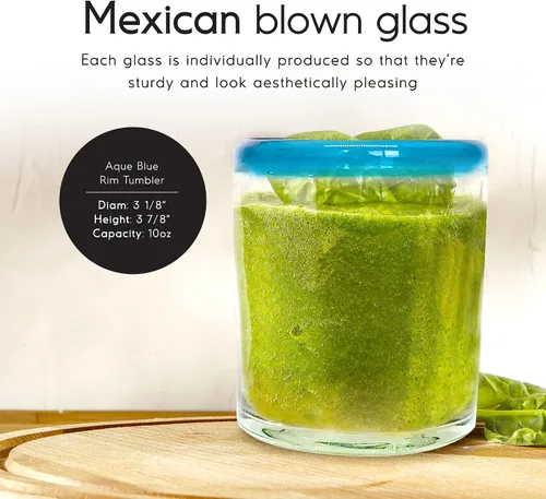 Vista 2 de Aqua Blue Rim - Juego de 6 vasos de 10 onzas (10 onzas) hecho a mano mexicana, vidrio reciclado, sin plomo, sin toxinas (mezclador)