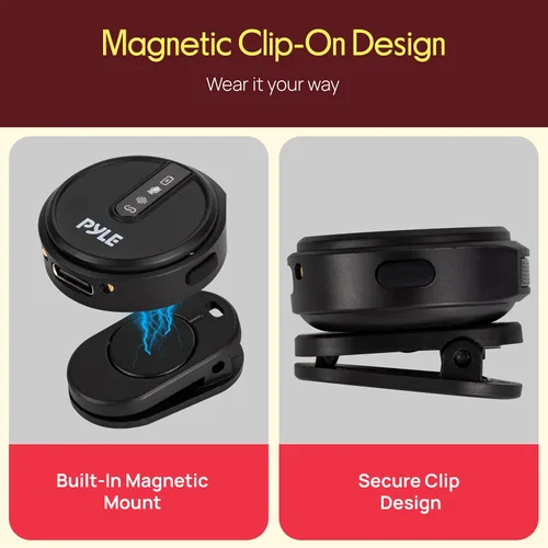 Vista 7 de Pyle Sistema de micrófono inalámbrico Lavalier, micrófono con clip con cancelación de ruido, batería 7H, audio de 360°, funda de carga USB-C