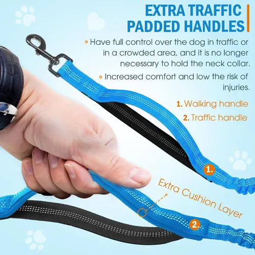 Vista 3 de Correa de perro manos libres con cinturón – Bungee sin tirones, asas acolchadas dobles y bolsa con cremallera para correr, caminar y entrenar