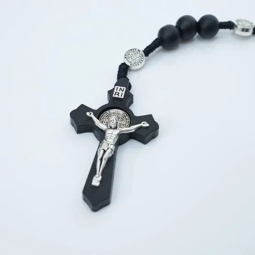 Vista 5 de MelinSam Cruz de pared de crucifijo, cruz católica hecha a mano con cuentas de rosario de madera, collar con colgante y piedras inspiradoras
