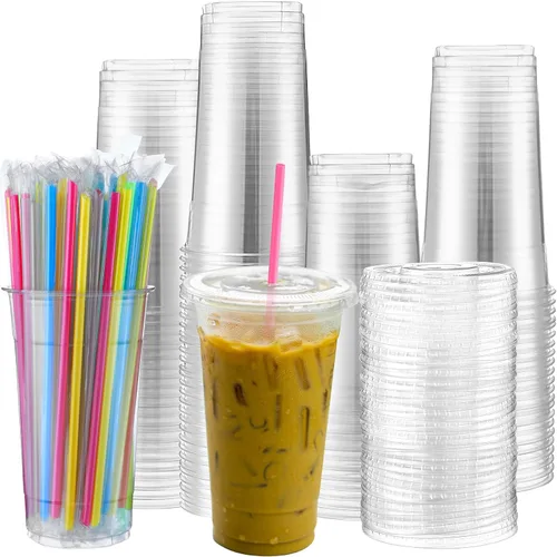 Vista 8 de Nuogo Juego de 100 vasos de plástico transparente de 32 onzas con tapas planas y pajitas, vasos de plástico PET con tapas, pajitas de colores, vasos