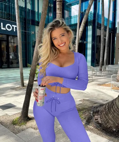 Vista 2 de Stylishine Conjunto de 2 piezas de entrenamiento para mujer, trajes acanalados de manga larga, tops cortos de cintura alta, leggings para yoga