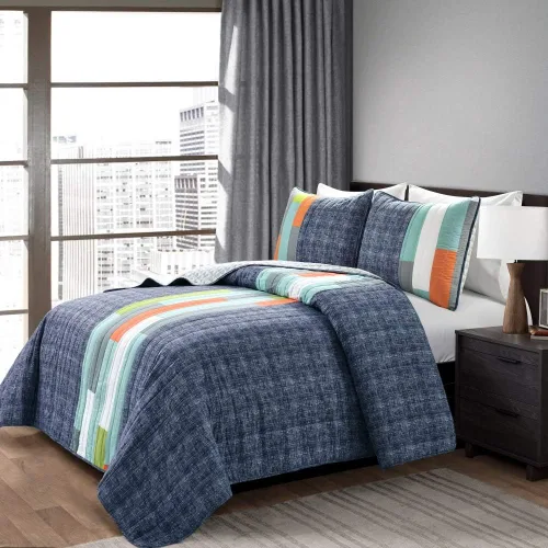 Vista 2 de Lush Decor Shelly Stripe Quilt Juego de ropa de cama reversible de 3 piezas con patrón geométrico moderno, tamaño King, naranja y gris