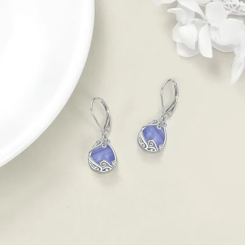 Vista 180 de Aretes colgantes con forma de lágrima de filigrana de piedra lunar de plata de ley 925 con cierre de palanca para mujer, regalos de joyería