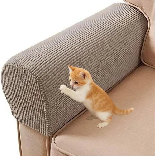 Vista 5 de Paquete de 4 fundas de sofá beige crema para brazos: protección contra arañazos para muebles beige – Fundas con temática navideña, antideslizantes
