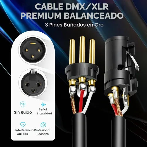 Vista 3 de Cable DMX de 10 pies, 6 unidades, cables flexibles XLR chapados en 6