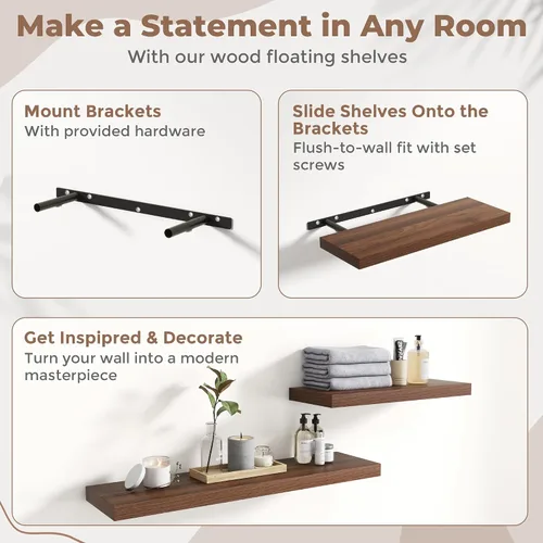 Vista 5 de Estantes flotantes cuadrados de 8 pulgadas para pared, paquete de 3, estantes de baño con veta de madera de 8"D con soportes invisibles, estantes