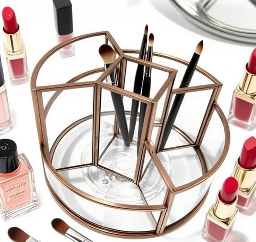 Vista 8 de Soporte para brochas de maquillaje giratorio de 360°, organizador de maquillaje, bandeja de perfume, organizador de baño y almacenamiento