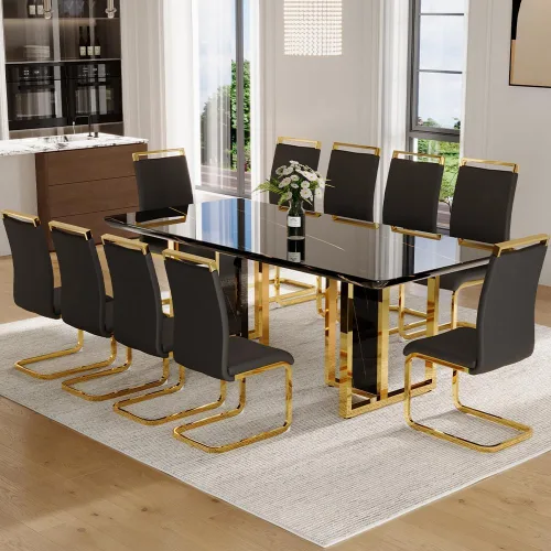 Vista 13 de Juego de mesa de comedor de mármol negro dorado de 79 pulgadas para 8 Sillas negras+oro