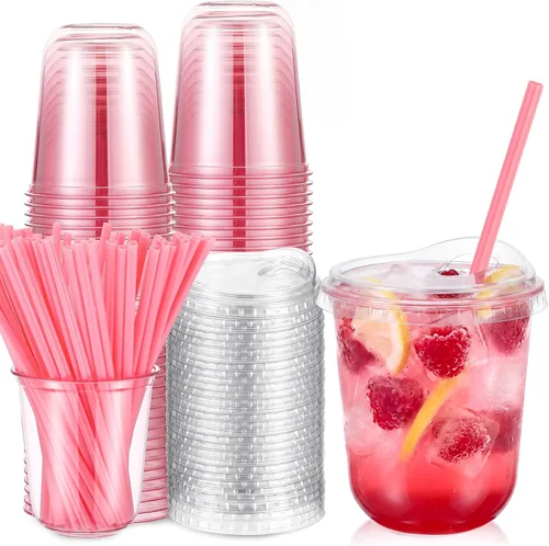 Vista 13 de Ziliny 25 juegos de vasos de plástico con pajitas y tapas de corazón rosa