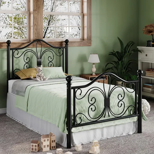 Vista 8 de Allewie Marco de cama de tamaño individual para niños, marco de cama de metal con cabecero y piecero de diseño de patrón de mariposa, no necesita