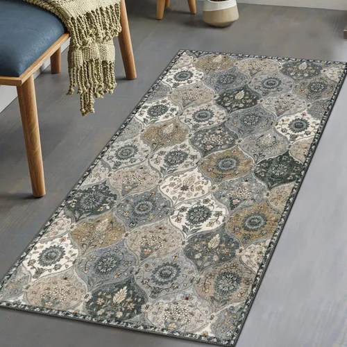 Vista 57 de Lahome - Alfombra marroquí antideslizante y lavable, pequeña alfombra oriental para dormitorio, cocina, entrada, baño, entrada, 61 x 91 cm, crema