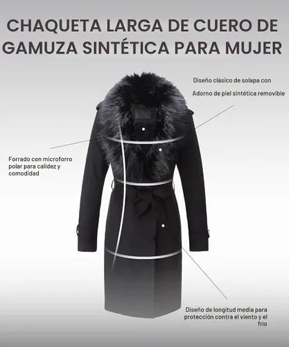 Vista 3 de Bellivera Gabardina de piel sintética para mujer, chaqueta de longitud media con forro polar y cuello de piel desmontable Negro