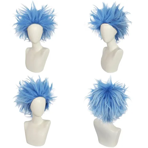 Vista 2 de ANOGOL Gorro de pelo + peluca azul loca, pelucas únicas con puntas y divertidas, pelucas mullidas funky, pelucas para payasos, peluca corta azul