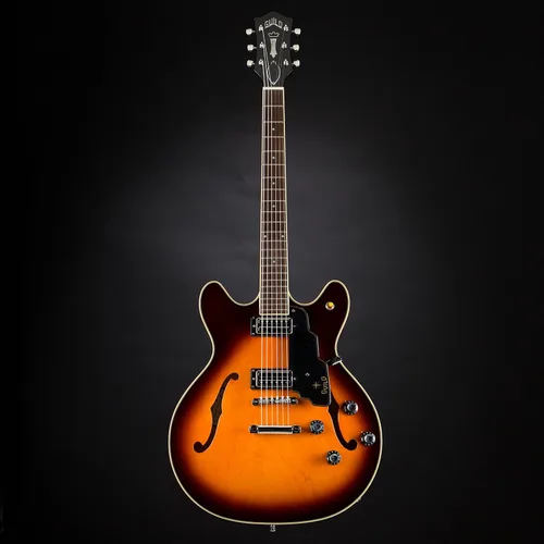 Vista 2 de Guild Guitars Starfire IV ST - Guitarra eléctrica de cuerpo semihueco, explosión antigua, doble corte con cola de parada, colección Newark St