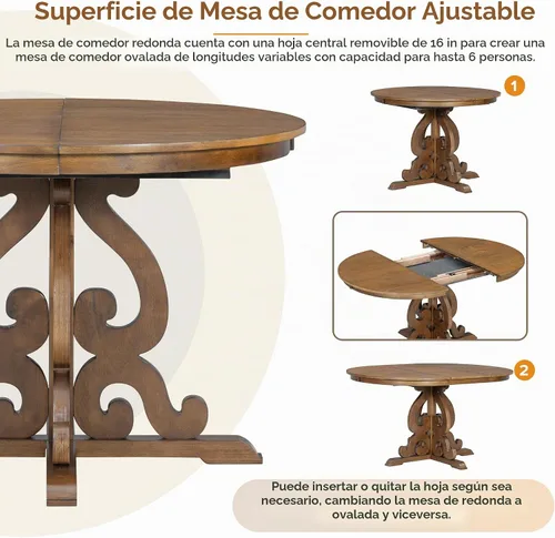Vista 6 de VilroCaz Juego de comedor funcional retro de 5 piezas, mesa de comedor extensible de madera maciza con una hoja de 16 pulgadas y 4 sillas tapizadas