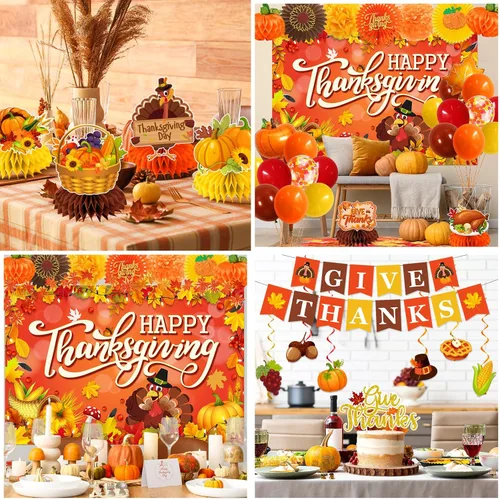 Vista 4 de Decoraciones de Acción de Gracias para fiestas, pancarta de Acción de Gracias, telón de fondo naranja y espirales colgantes, centros de mesa