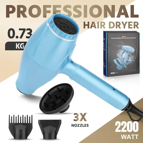 Vista 4 de Juego de plancha plana y soplador, motor de CA de 2200 W, secado rápido, secador de pelo iónico de bajo ruido con boquilla difusora, peine