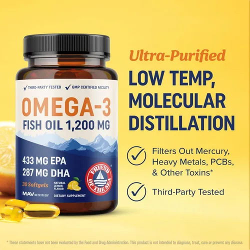 Vista 4 de Aceite de pescado Omega 3 Triple Strength 1200 mg EPA y DHA Ácidos grasos omega-3 capturados en la naturaleza y de origen sostenible