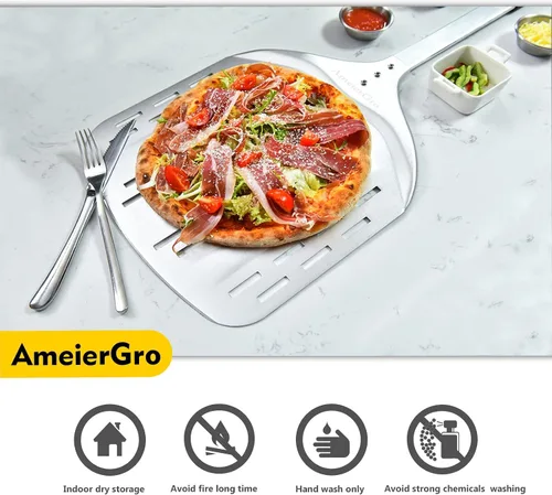Vista 6 de Pala de pizza perforada de 12 pulgadas, mango largo (31 pulgadas), espátula de pizza de aluminio anodizado, accesorios para horno de pizza