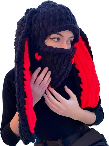 Vista 7 de Gorro de punto de crochet grueso para mujeres y niñas, divertido gorro de conejo con orejas largas con máscara y bufanda, pasamontañas térmico