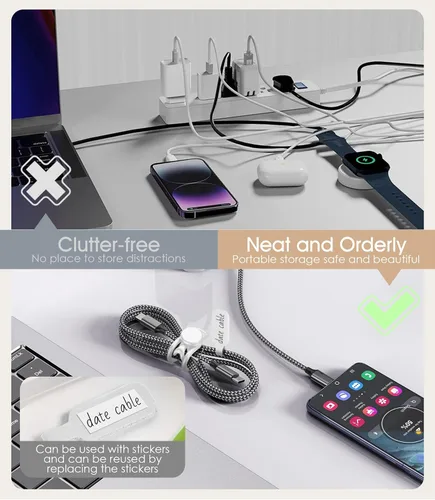 Vista 4 de Juego de 32 etiquetas para cables y bridas de silicona para cables, reutilizables, 16 bridas para cables + 16 etiquetas de cable para electrónica