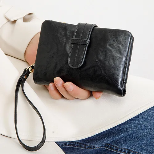 Vista 6 de Carteras pequeñas de cuero Rfid para mujer, billeteras dobladas medianas para mujer, cartera compacta y triple plegable con correa para la muñeca