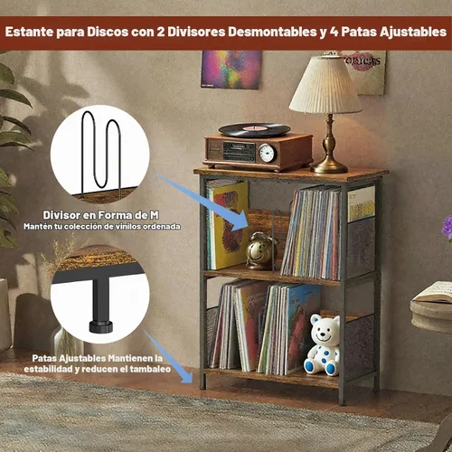Vista 5 de Soporte para tocadiscos, soporte para discos de vinilo de 3 niveles, soporte giratorio con 2 separadores y 4 pies ajustables, mesa para tocadiscos