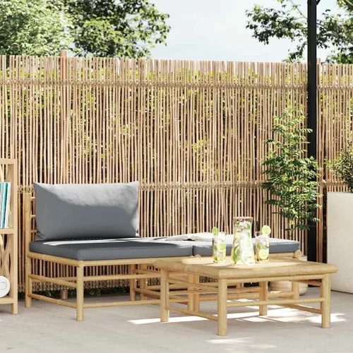 Vista 2 de vidaXL Juego de sala de patio de 3 piezas con elegantes cojines gris oscuro, muebles de exterior de bambú, sofá medio, reposapiés, mesa auxiliar